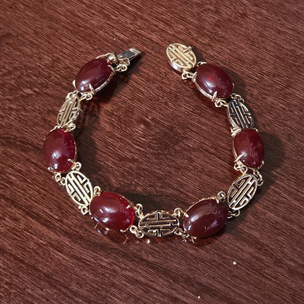 RARE VINTAGE ESTATE GUMP'S CARNELIAN STONE CABOCHON 14K GOLD BRACELET STRAND